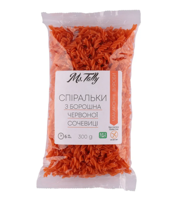 Макароны без глютены спиральки из красной чечевицы Ms. Tally 300 г